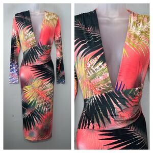Kimcine Curve Tropical Dress Size Large Deep V Neck Sexy Stretch Artsy Vacation